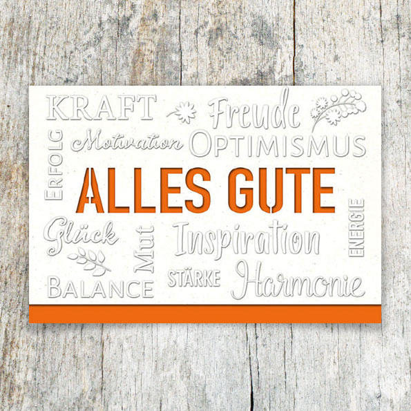 Vergrößerte Abbildung Weiße Firmenglückwunschkarten mit ausgestanztem Schriftzug Alles Gute und Blindprägung positiver Worte, Einlegeblatt orange