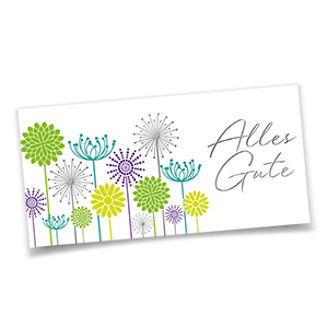 Vergrößere Abbildung Weiße Glückwunschkarten im Querformat mit Schriftzug Alles Gute und floralen Motiven in metallisch glänzender Veredelung