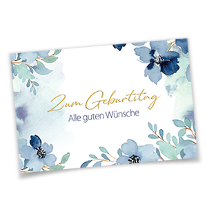 Vergrößere Abbildung Geburtstagskarten mit zartblauen Aquarellblüten, goldener Metallicveredelung und dem Gruß Zum Geburtstag – Alle guten Wünsche