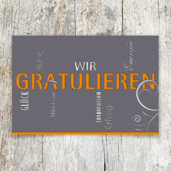 Vergrößerte Abbildung Anthrazitgraue Glückwunschkarten mit Silberfolienprägung, Schlagwörtern und ausgestanzten Elementen, inkl. farbig wählbarem Einlegeblatt