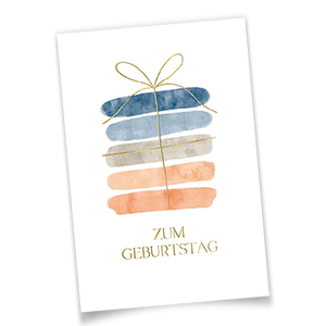Vergrößere Abbildung Geburtstagskarte mit Aquarellmotiv und goldener Folienprägung 'Zum Geburtstag' sowie Geschenk mit goldener Schleife