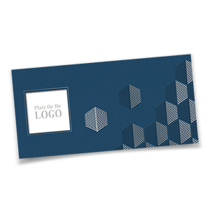 Vergrößere Abbildung Edle Logokarte aus durchgefärbtem blauem Karton mit glänzender Lackveredelung, Silberfolienprägung und Formstanzung – inkl. Texteinleger