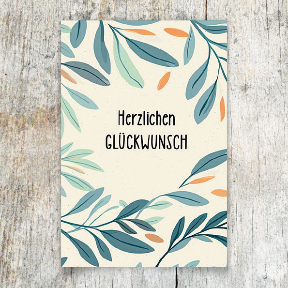 Vergrößerte Abbildung Glückwunschkarte mit Schriftzug „Herzlichen Glückwunsch“, umrahmt von feinen Zweigen und Blättern.