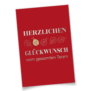 Vergrößere Abbildung Rote Glückwunschkarte mit Holz-Marienkäfer und silbernen Texten.