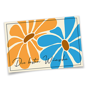 Vergrößere Abbildung Farbenfrohe Glückwunschkarten mit großen Blüten in Orange und Blau und dem Aufdruck Die besten Wünsche auf Naturkarton