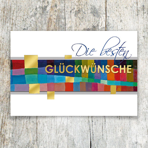Vergrößerte Abbildung Glückwunschkarte mit farbenfrohen gemalten Feldern und Goldfolienrelief